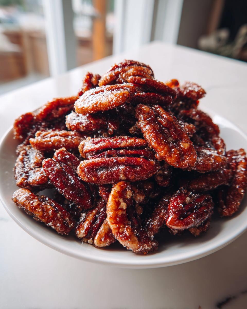 A close-up shot of a pile of glistening, homemade candied pecans sprinkled with sugar, served in a white bowl.