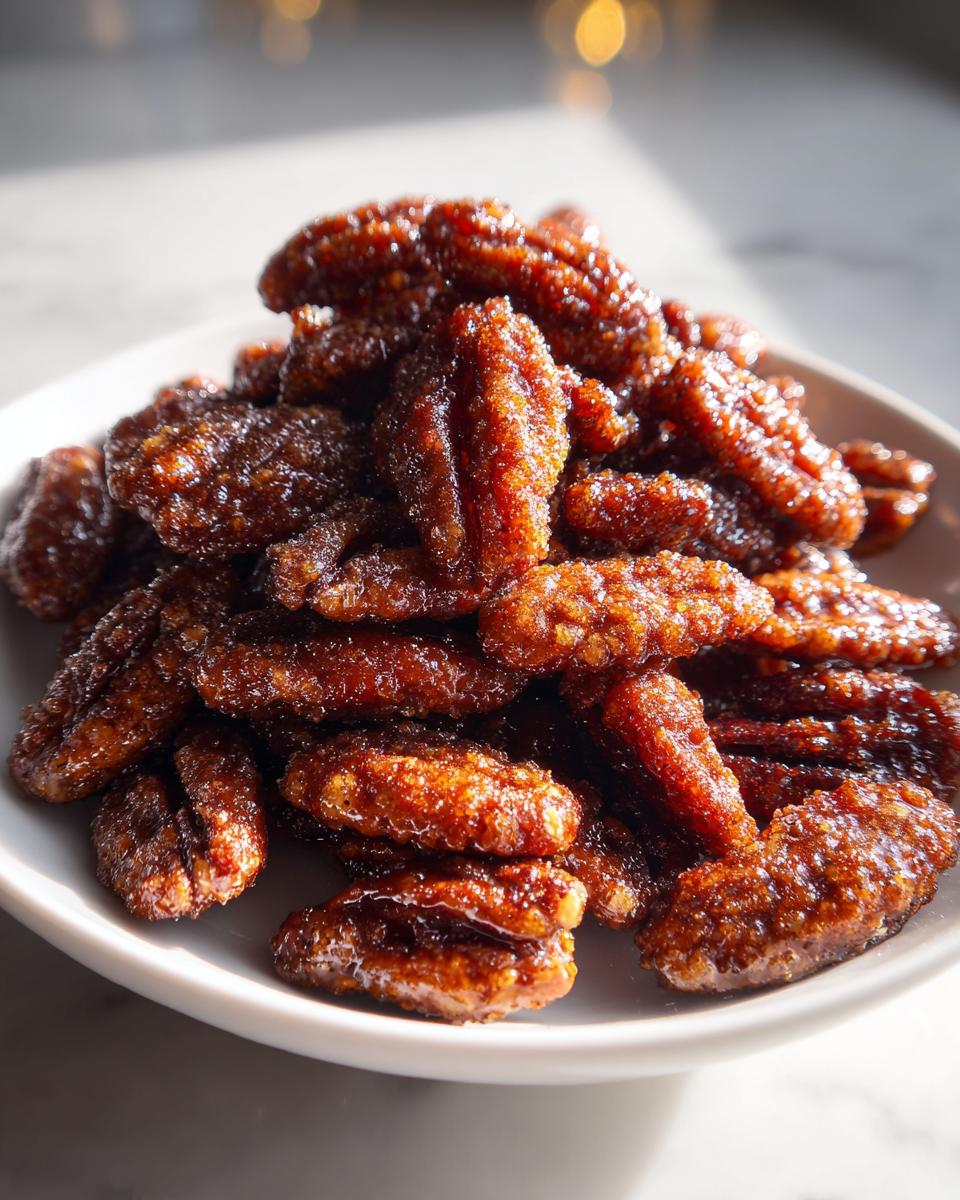 A mound of glossy, brown candied pecans piled high on a white plate, ready to eat.