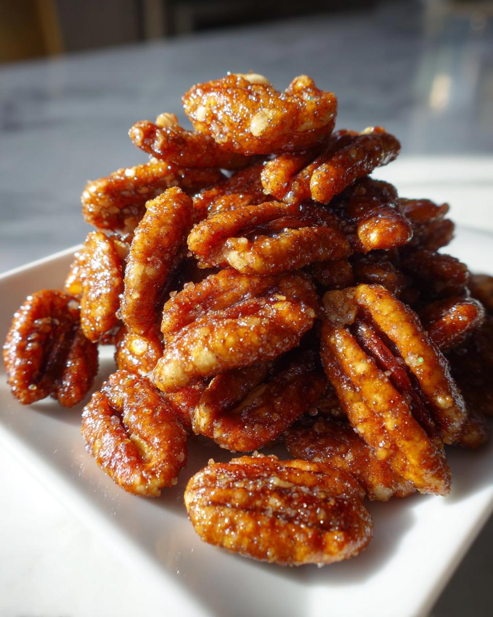 A mound of shiny, caramelized candied pecans piled high on a white square plate, glistening under sunlight.