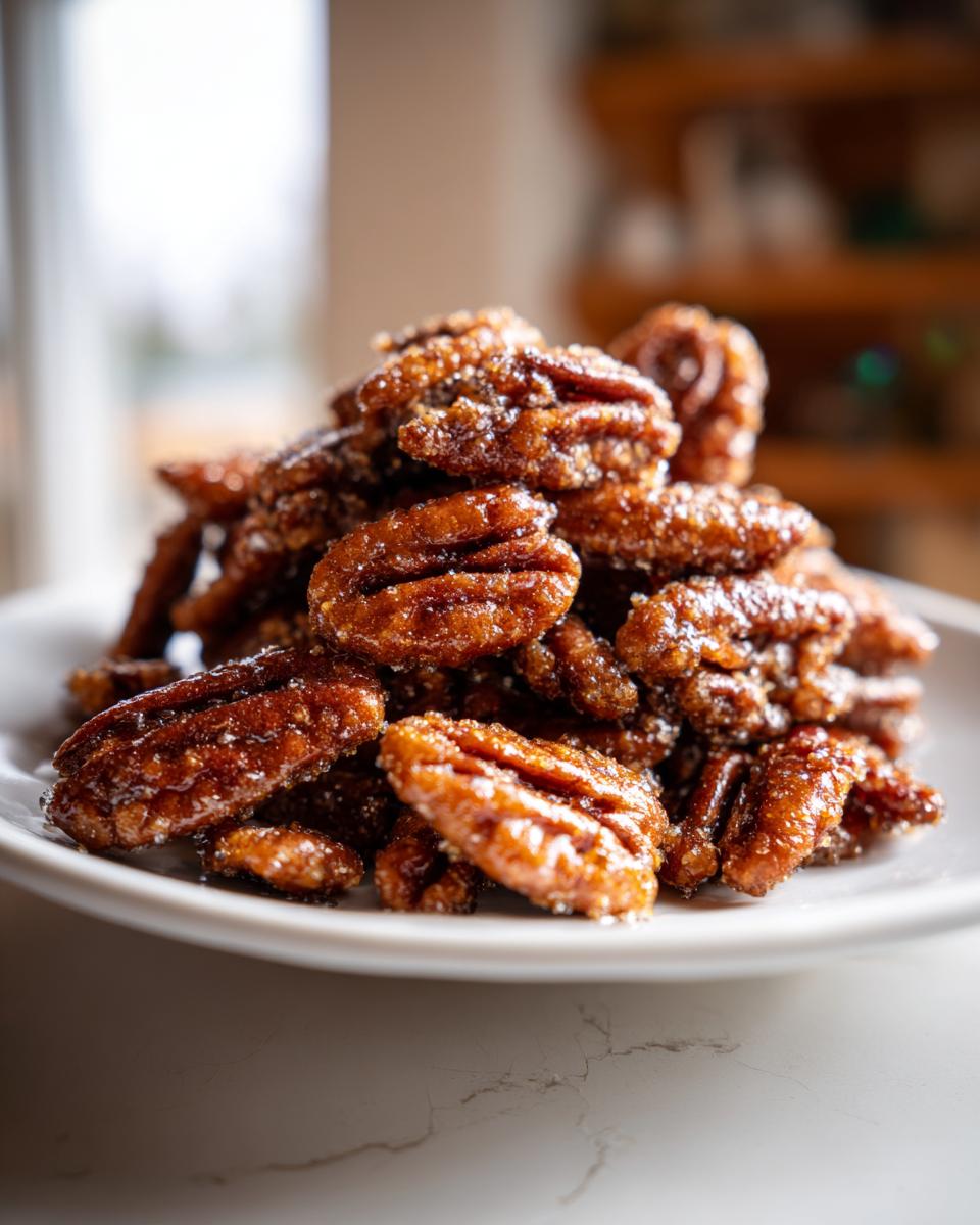 A close-up pile of glossy, sugary candied pecans stacked high on a white plate.