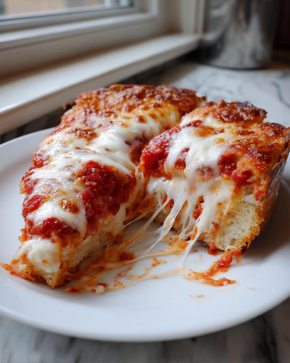 Two slices of amazing cheese pizza showing a dramatic cheese pull between them on a white plate.