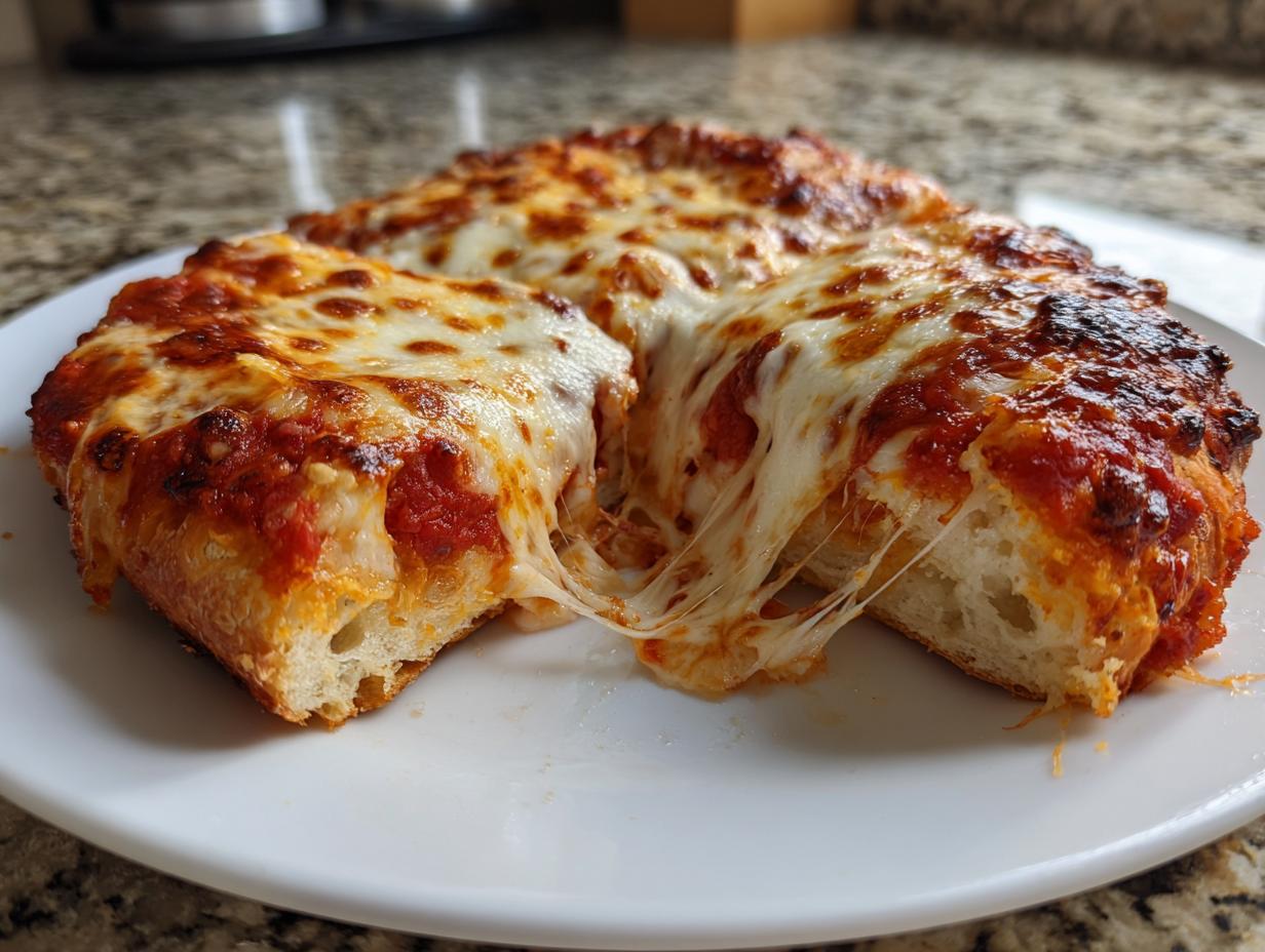 Close-up of thick-crust cheese pizza slices being pulled apart, showing a dramatic mozzarella cheese stretch.
