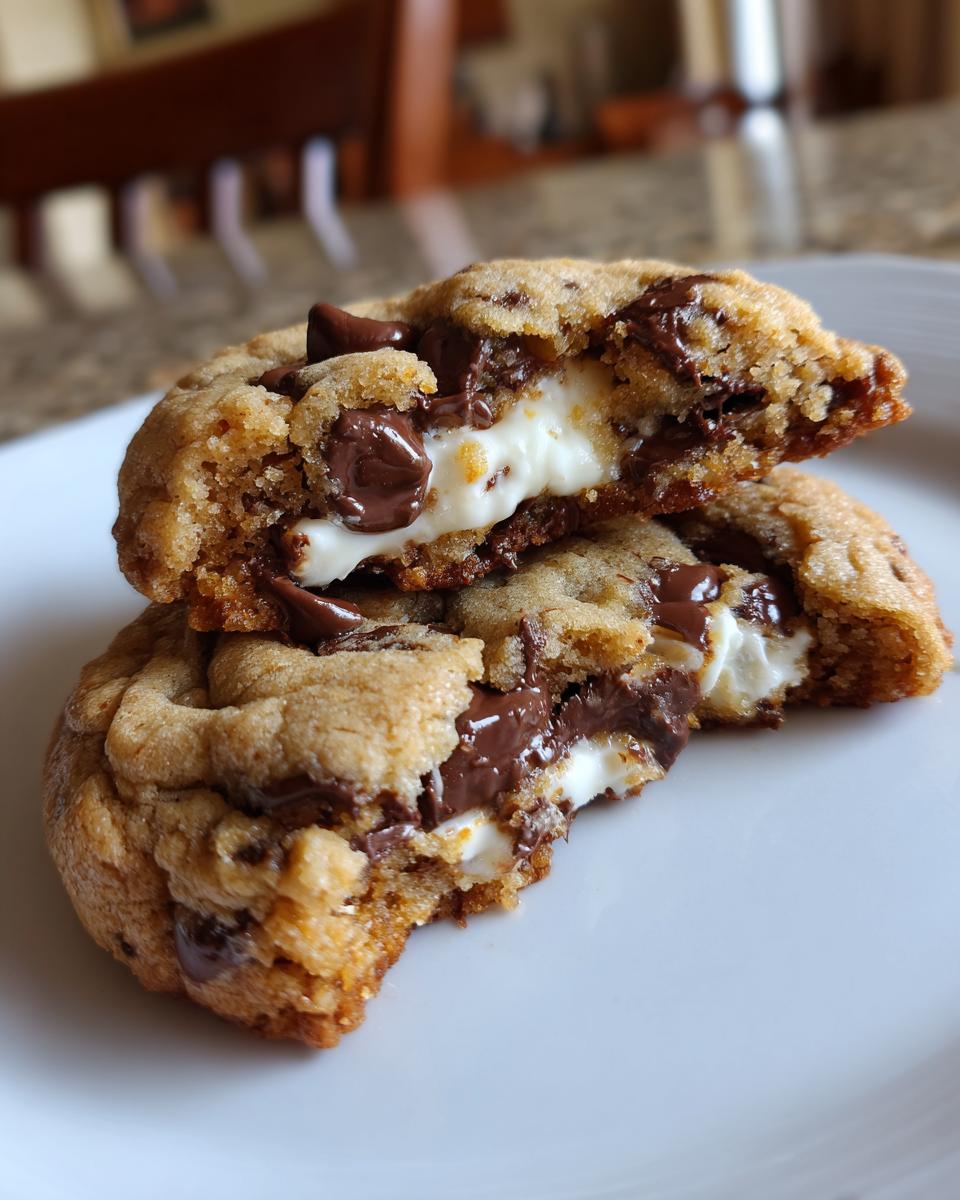 Close-up of amazing cheesecake cookies broken in half showing melted chocolate and creamy white cheesecake filling.