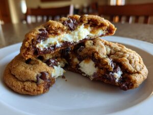 A chocolate chip cookie cut in half revealing a creamy white cheesecake filling in these amazing cheesecake cookies.