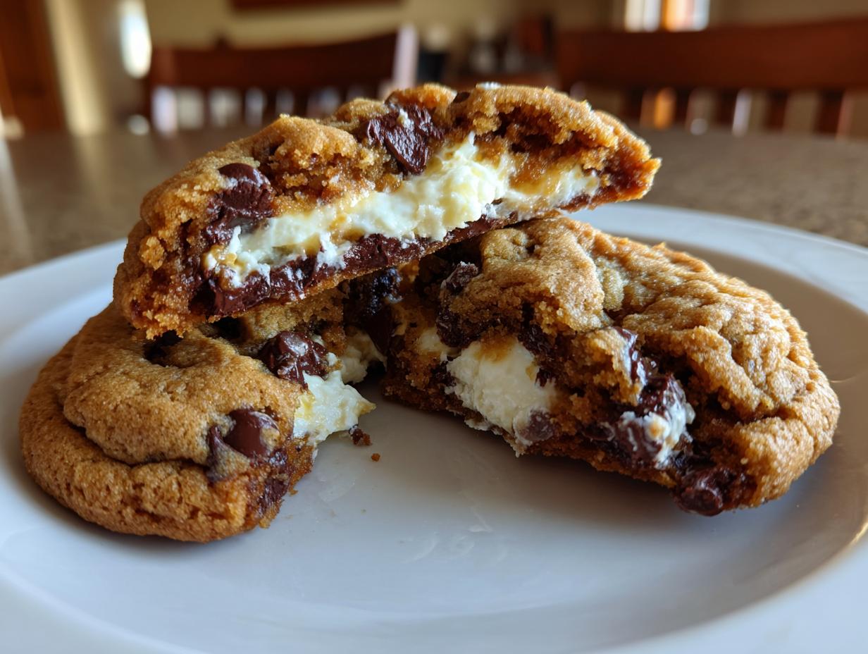 A chocolate chip cookie cut in half revealing a creamy white cheesecake filling in these amazing cheesecake cookies.