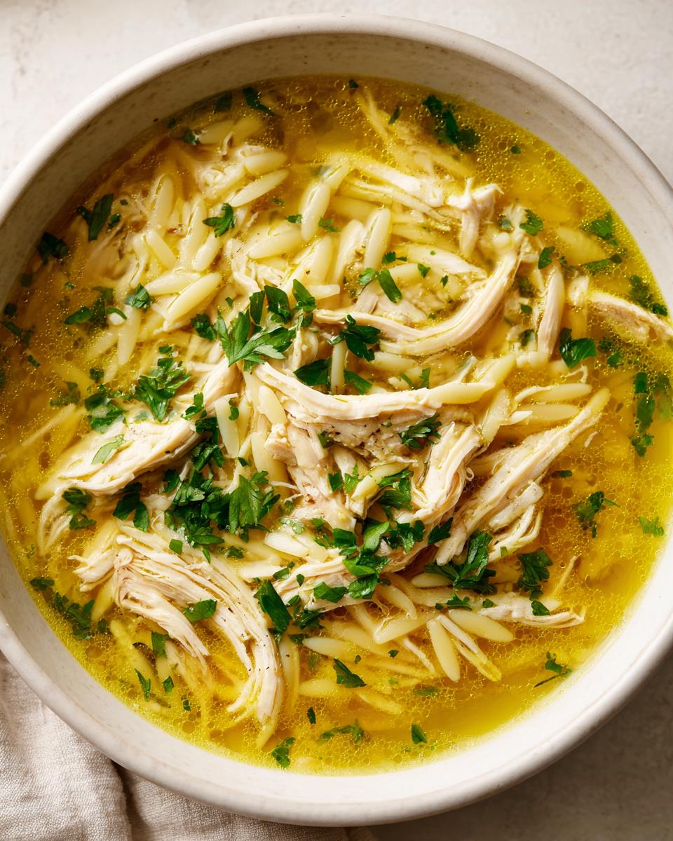 Close-up overhead view of steaming chicken orzo soup with shredded chicken and fresh parsley garnish.