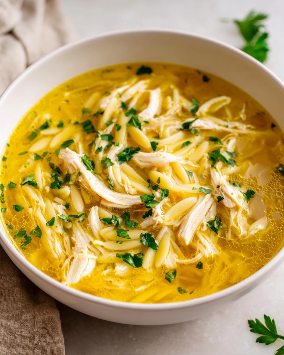 Close-up of a white bowl filled with amazing chicken orzo soup, featuring shredded chicken, orzo pasta, and fresh parsley garnish.