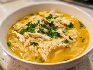 A close-up view of a white bowl filled with amazing chicken orzo soup, featuring shredded chicken and fresh parsley.