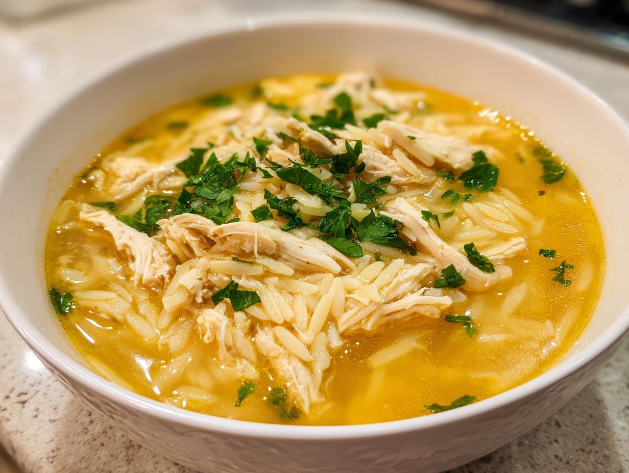 A close-up view of a white bowl filled with amazing chicken orzo soup, featuring shredded chicken and fresh parsley.