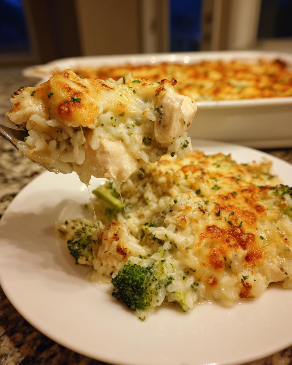 A spoonful of creamy chicken and broccoli rice casserole being lifted from a plate, showing melted cheese.