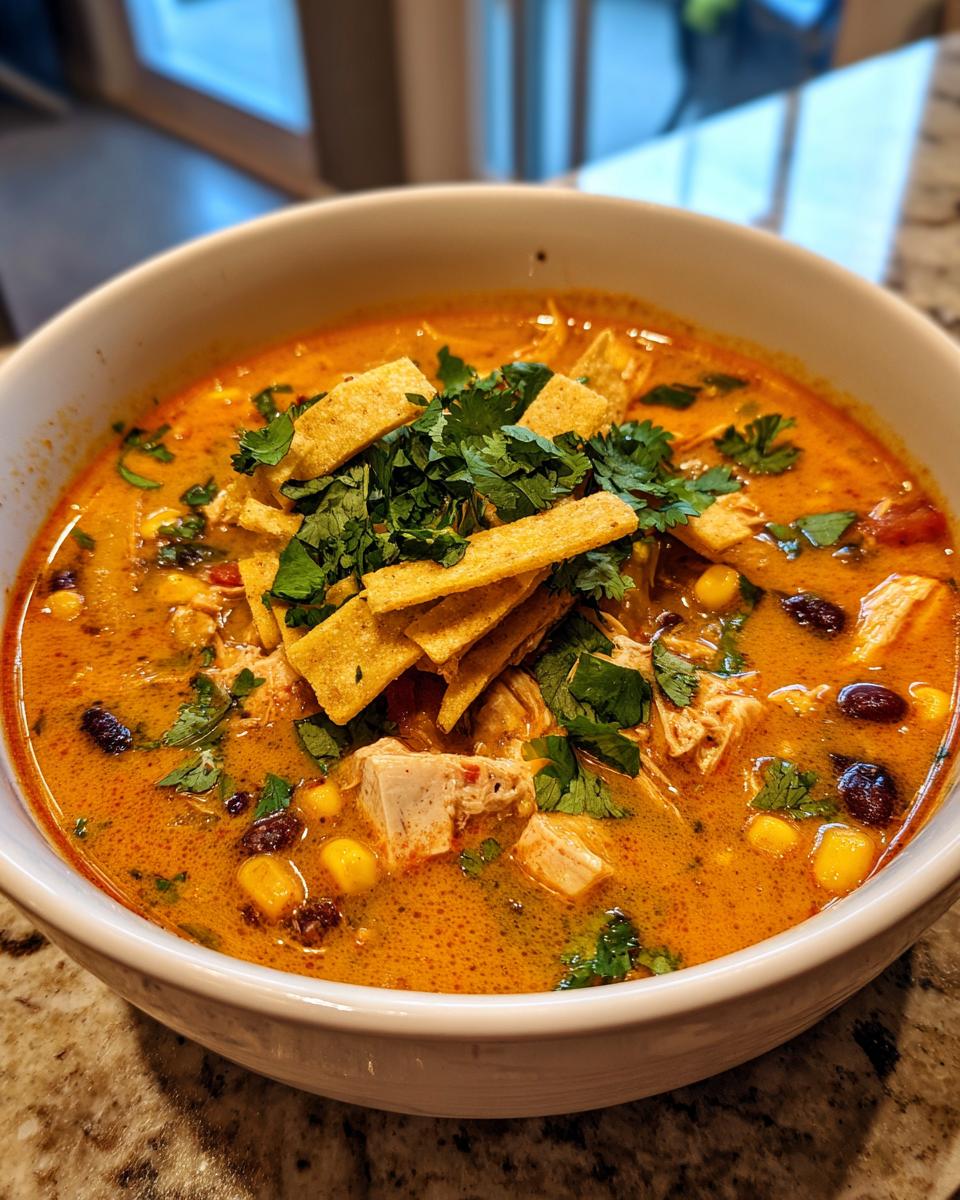 A close-up of a white bowl filled with rich, orange chicken tortilla soup topped with tortilla strips and cilantro.