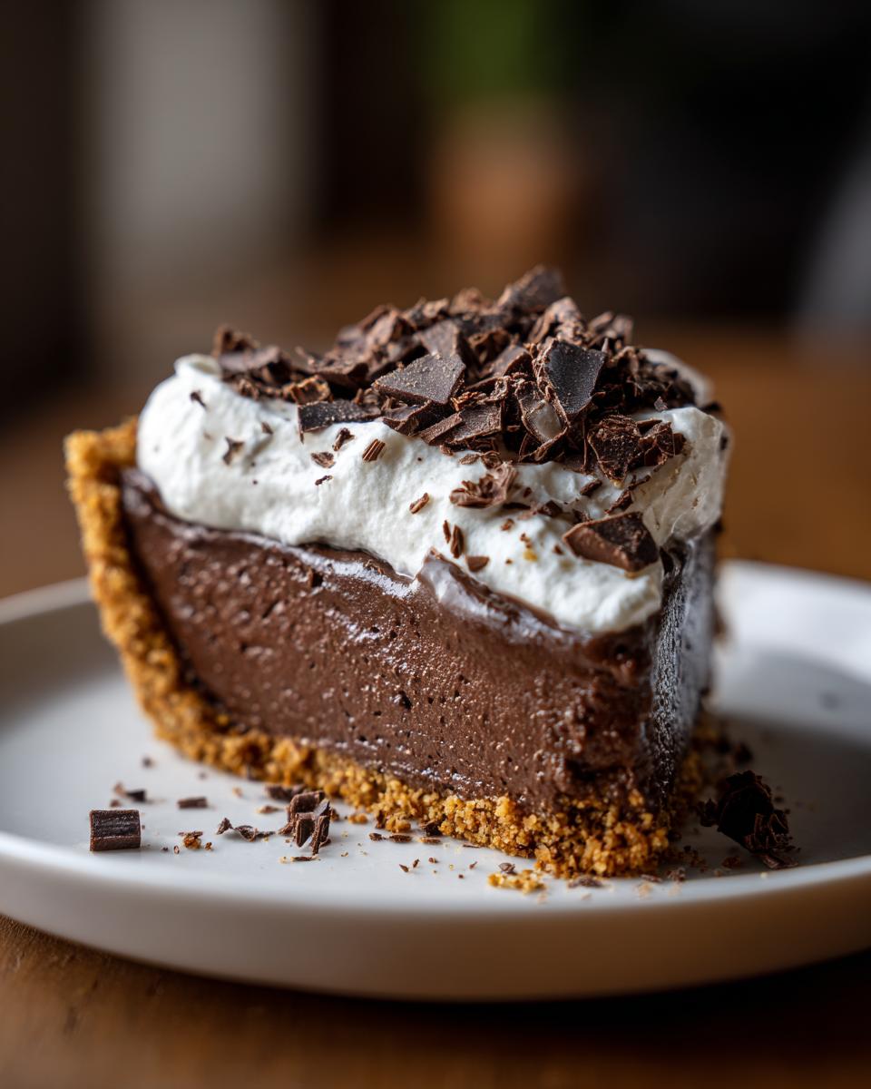 A decadent slice of chocolate cream pie with a graham cracker crust, topped with whipped cream and chocolate shavings.