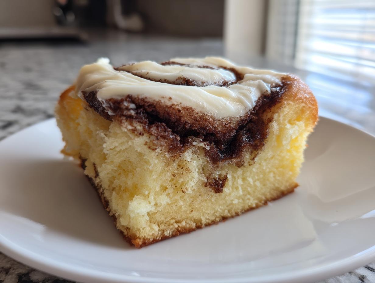 Close-up of a fluffy slice of cinnamon roll cake topped with thick white cream cheese icing.