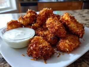 A plate of golden brown, crispy coconut chicken pieces served with a small bowl of creamy white dipping sauce.