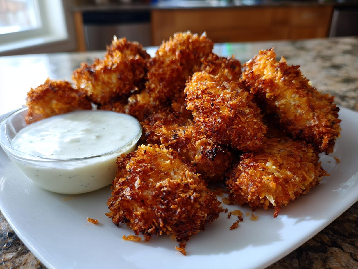 A plate of golden brown, crispy coconut chicken pieces served with a small bowl of creamy white dipping sauce.