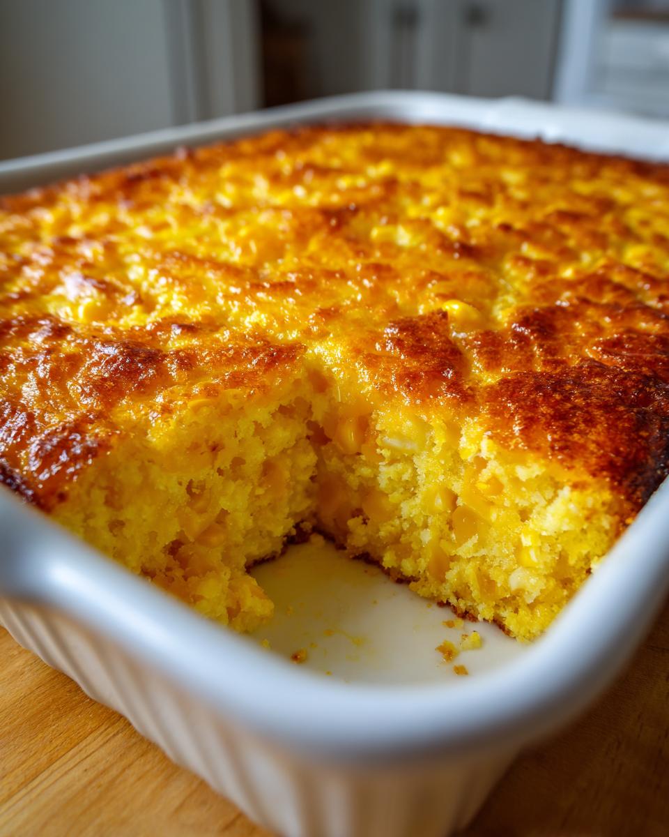 A close-up of baked corn pudding with a deeply browned, crusty top, showing a scoop removed from the white baking dish.