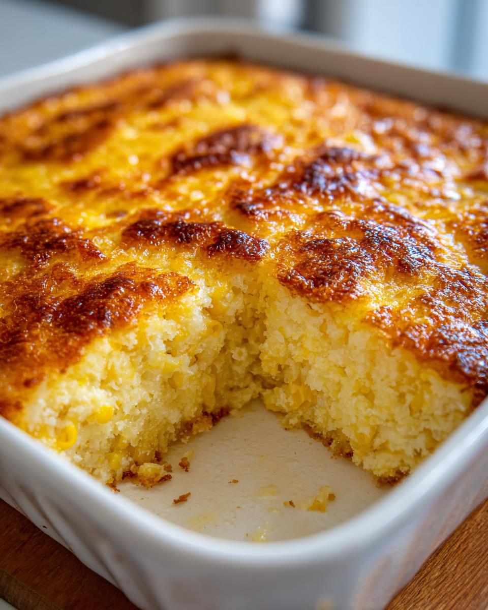 Close-up of a freshly baked corn pudding in a white square dish with a piece removed, showing the moist interior.
