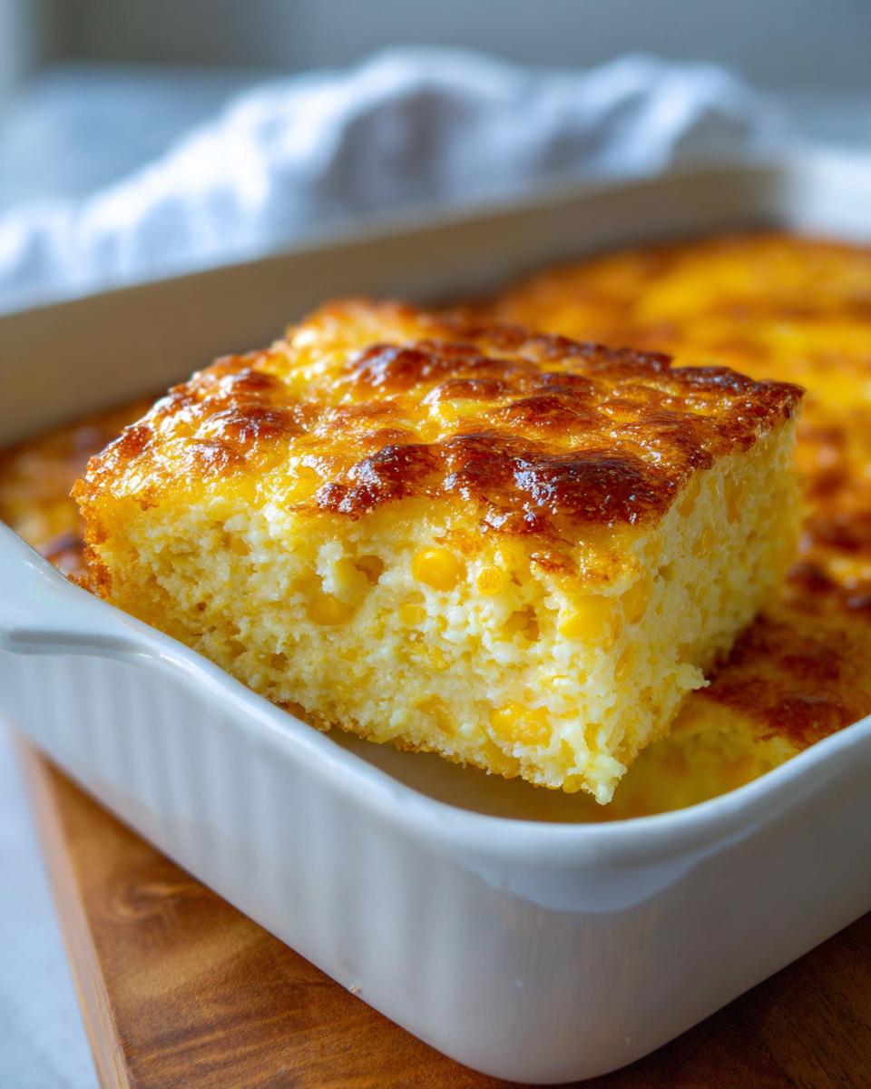 A square slice of baked corn pudding with a golden, caramelized top, lifted slightly from the white baking dish.