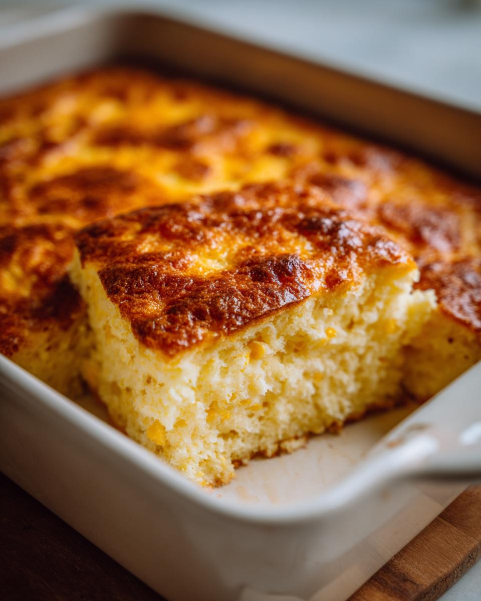 A close-up of a square slice of golden-brown baked corn pudding being lifted from a white baking dish.