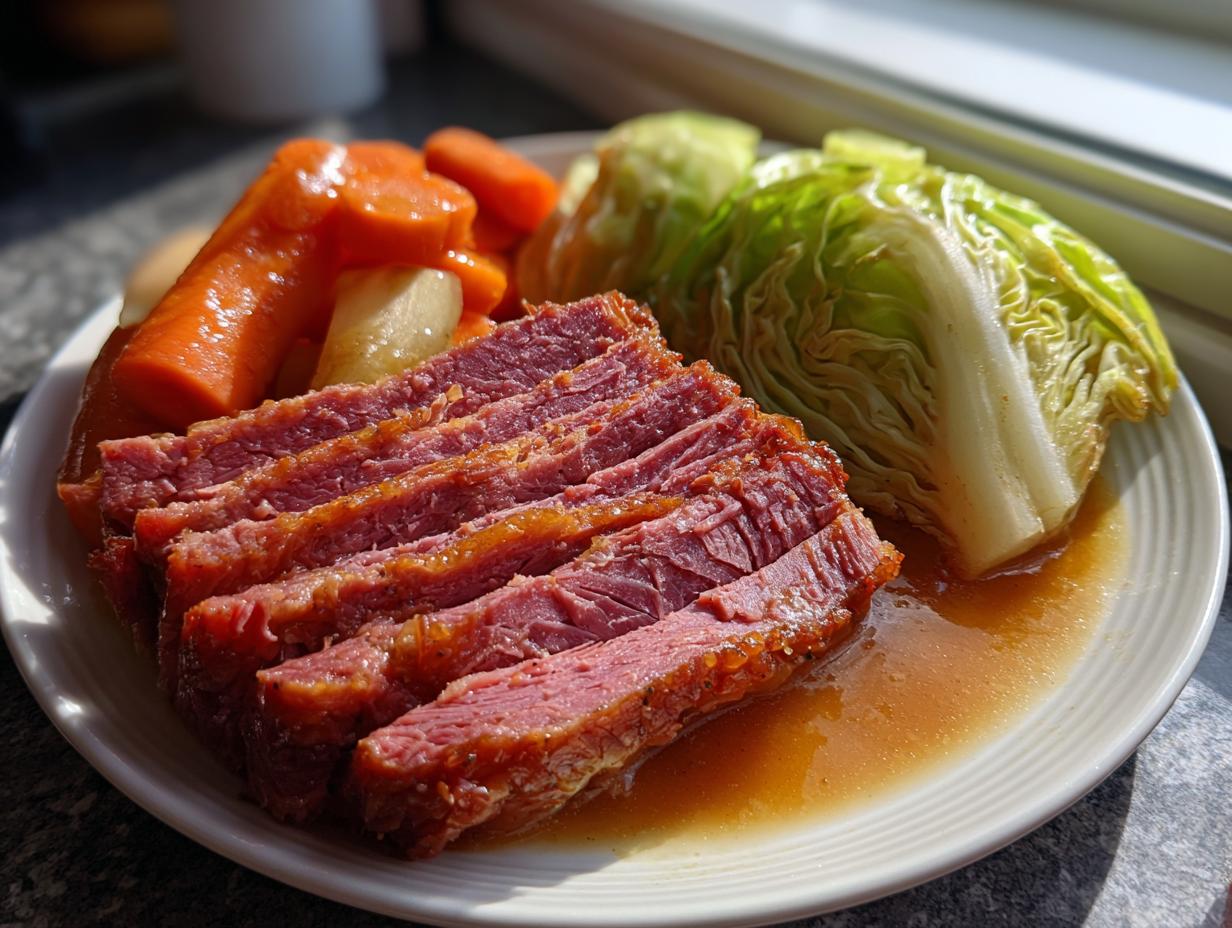 Slices of perfectly cooked corned beef served with boiled carrots and cabbage, sitting in savory broth.
