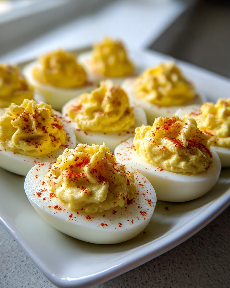 Close-up of creamy, piped deviled eggs sprinkled with paprika on a white platter.