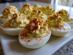 Close-up of creamy, piped deviled eggs garnished generously with bright red paprika.