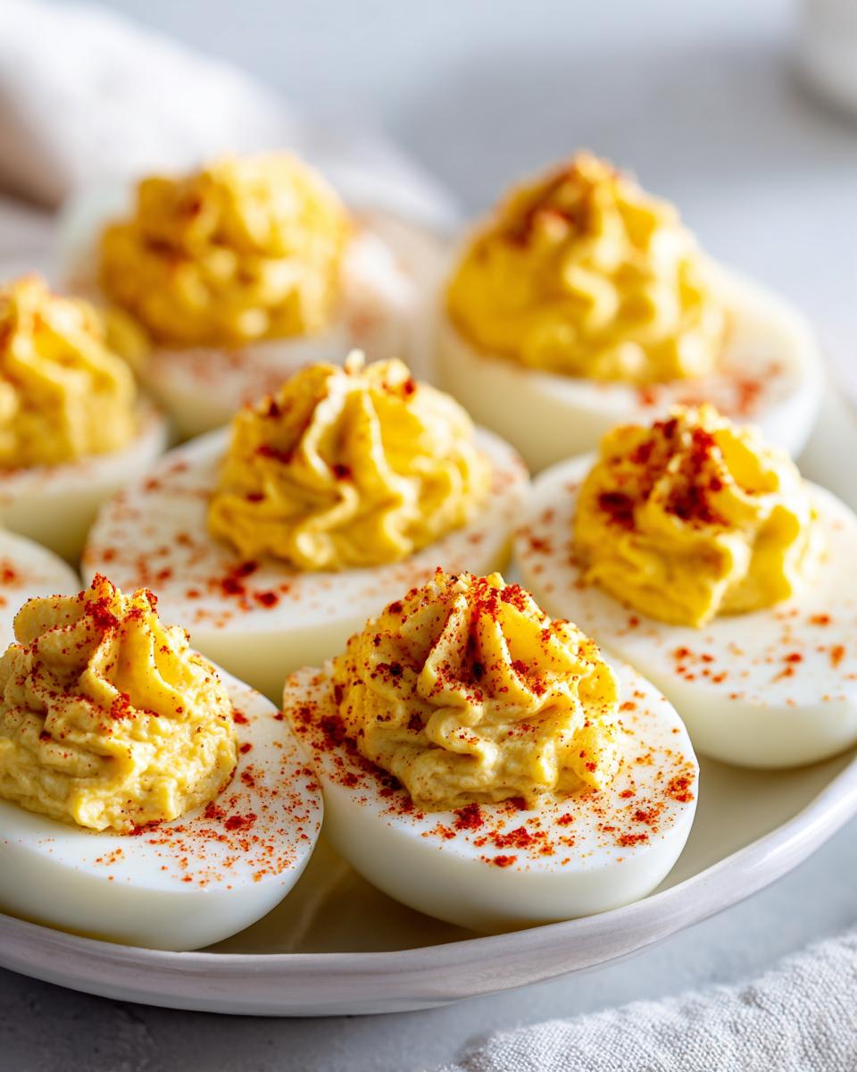 Close-up of creamy, piped deviled eggs sprinkled with paprika on a white platter.