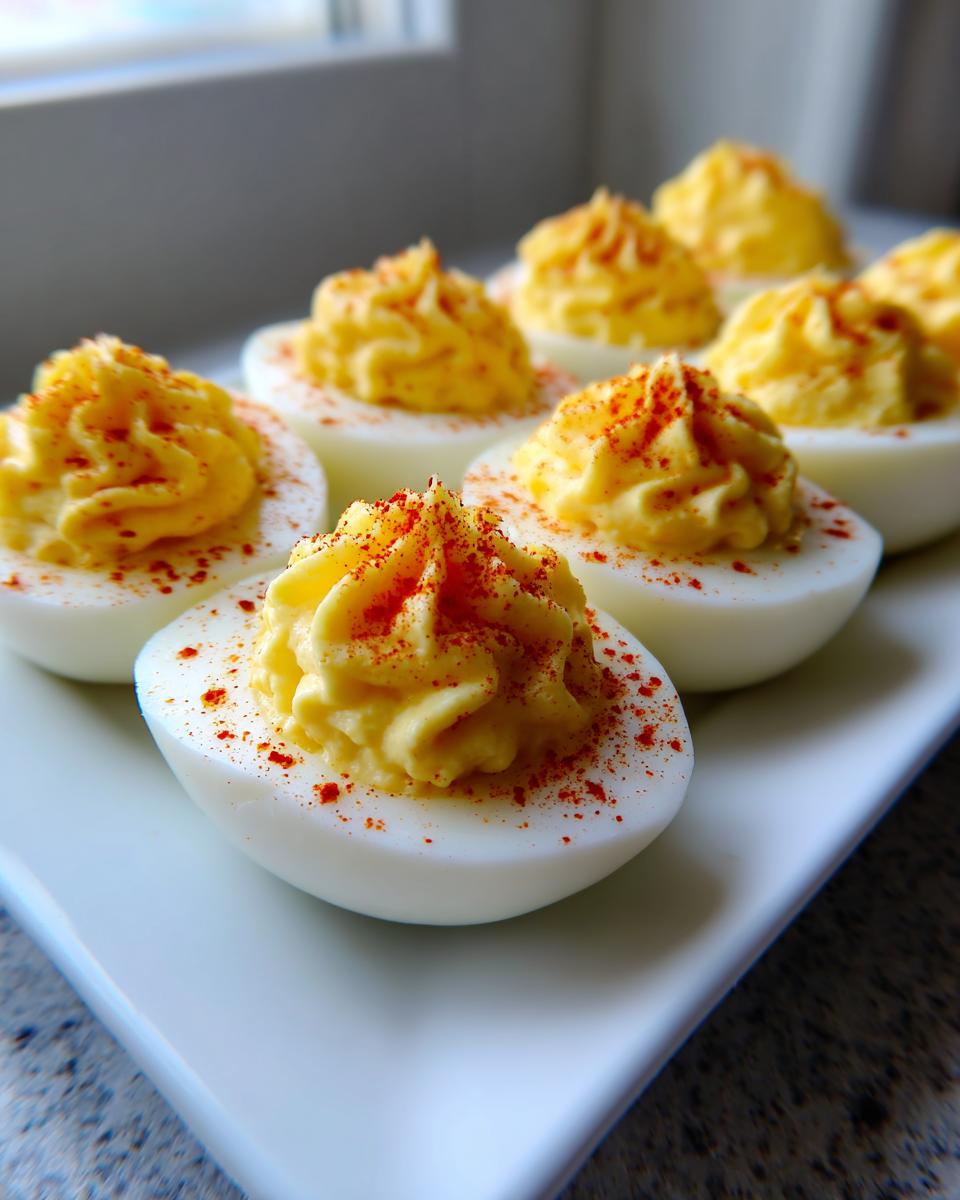 A close-up of several creamy deviled eggs piped high with filling and sprinkled with paprika.