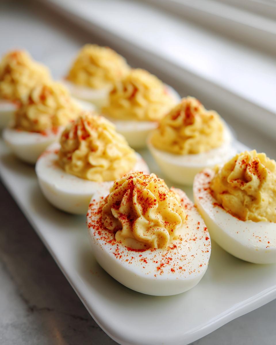 A row of creamy, piped deviled eggs sprinkled with paprika, ready to serve.