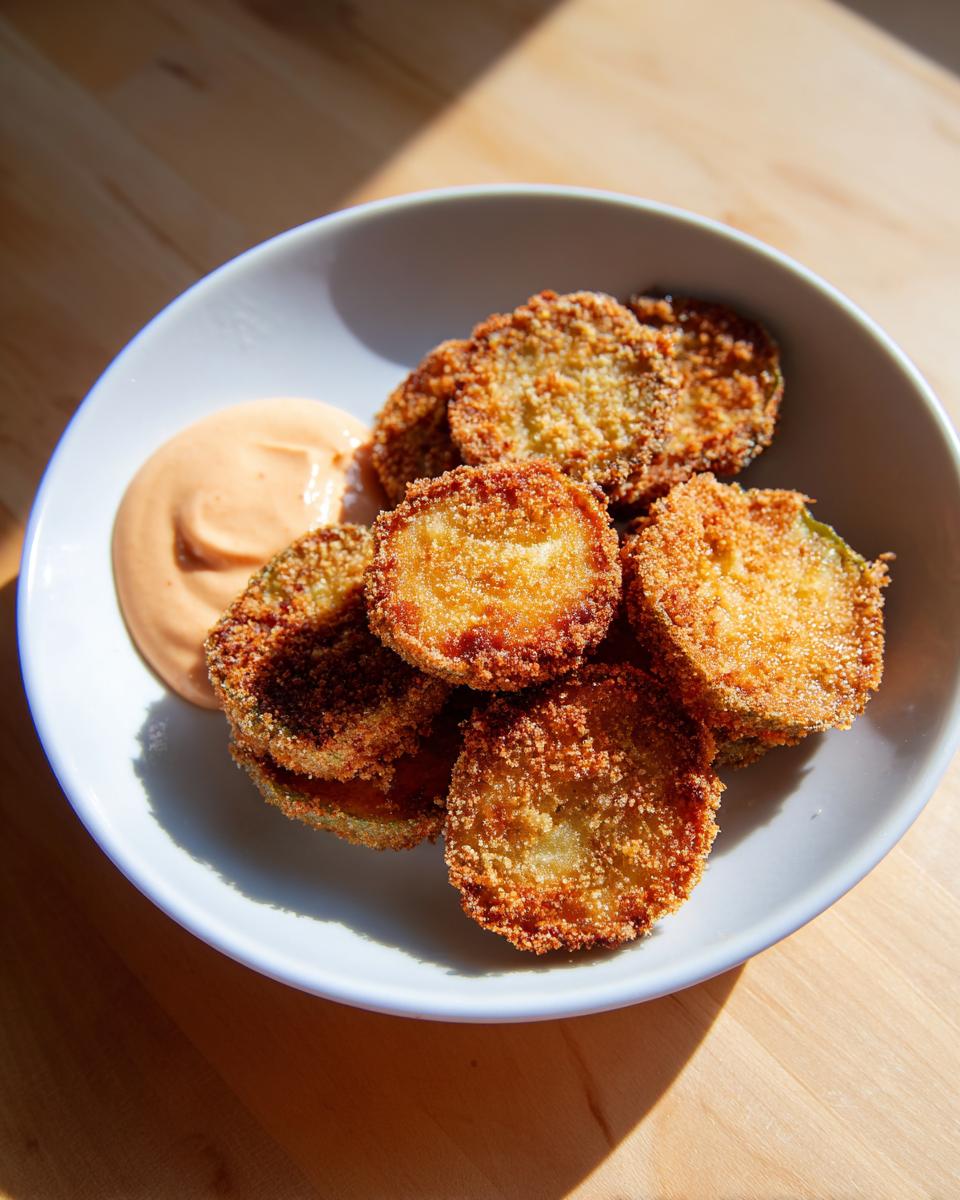 A bowl of golden brown, crispy fried green tomatoes served with a side of creamy orange dipping sauce.