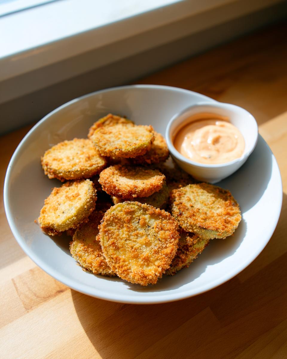 A white bowl filled with crispy, golden fried green tomatoes served with a side of creamy dipping sauce.