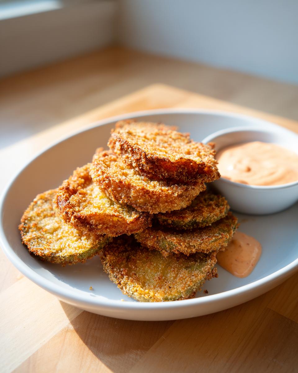 A stack of perfectly golden brown fried green tomatoes served with a side of creamy dipping sauce.