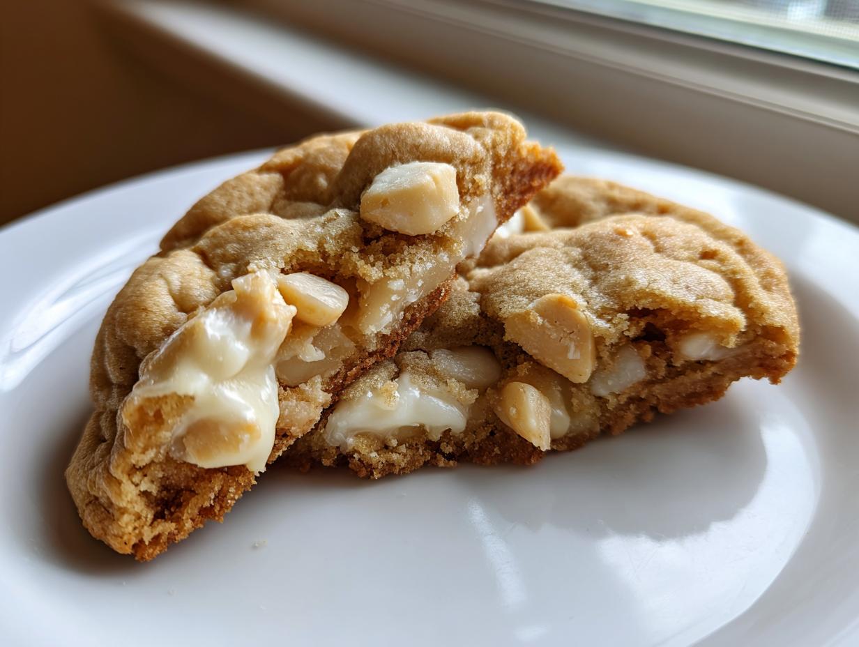 Close-up of a soft macadamia nut cookie broken in half, showing melted white chocolate and chunky macadamia nuts.