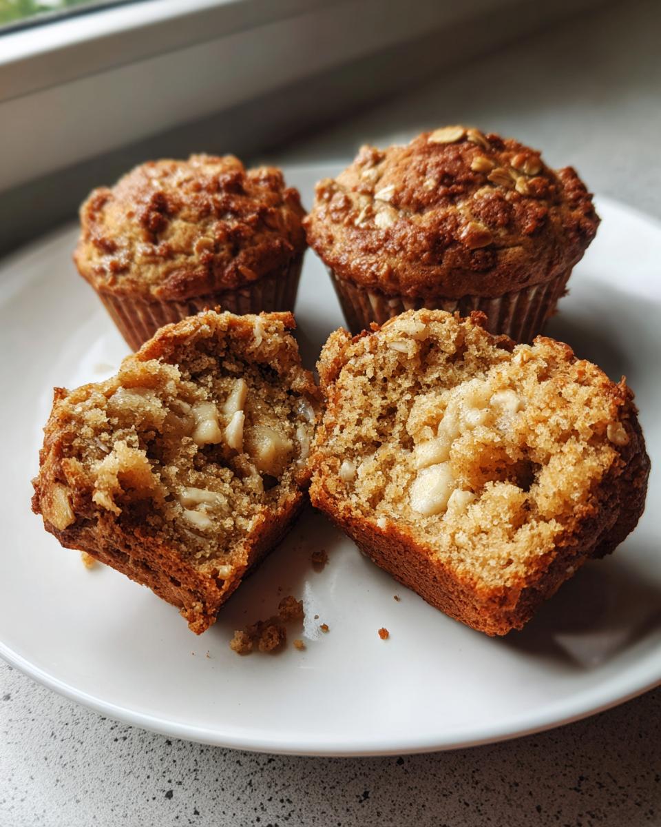 Two whole and one halved oatmeal muffins showing a moist interior with chunks of apple or banana filling.