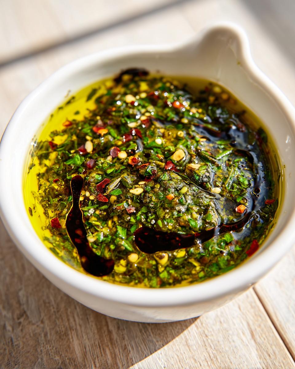 Close-up of an amazing olive oil bread dip featuring green herbs, chili flakes, and balsamic reduction.