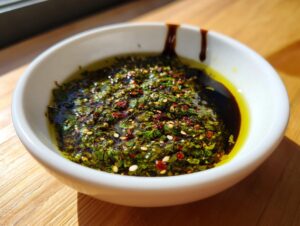 Close-up of a white bowl filled with olive oil bread dip, featuring green herbs, red pepper flakes, and balsamic vinegar.