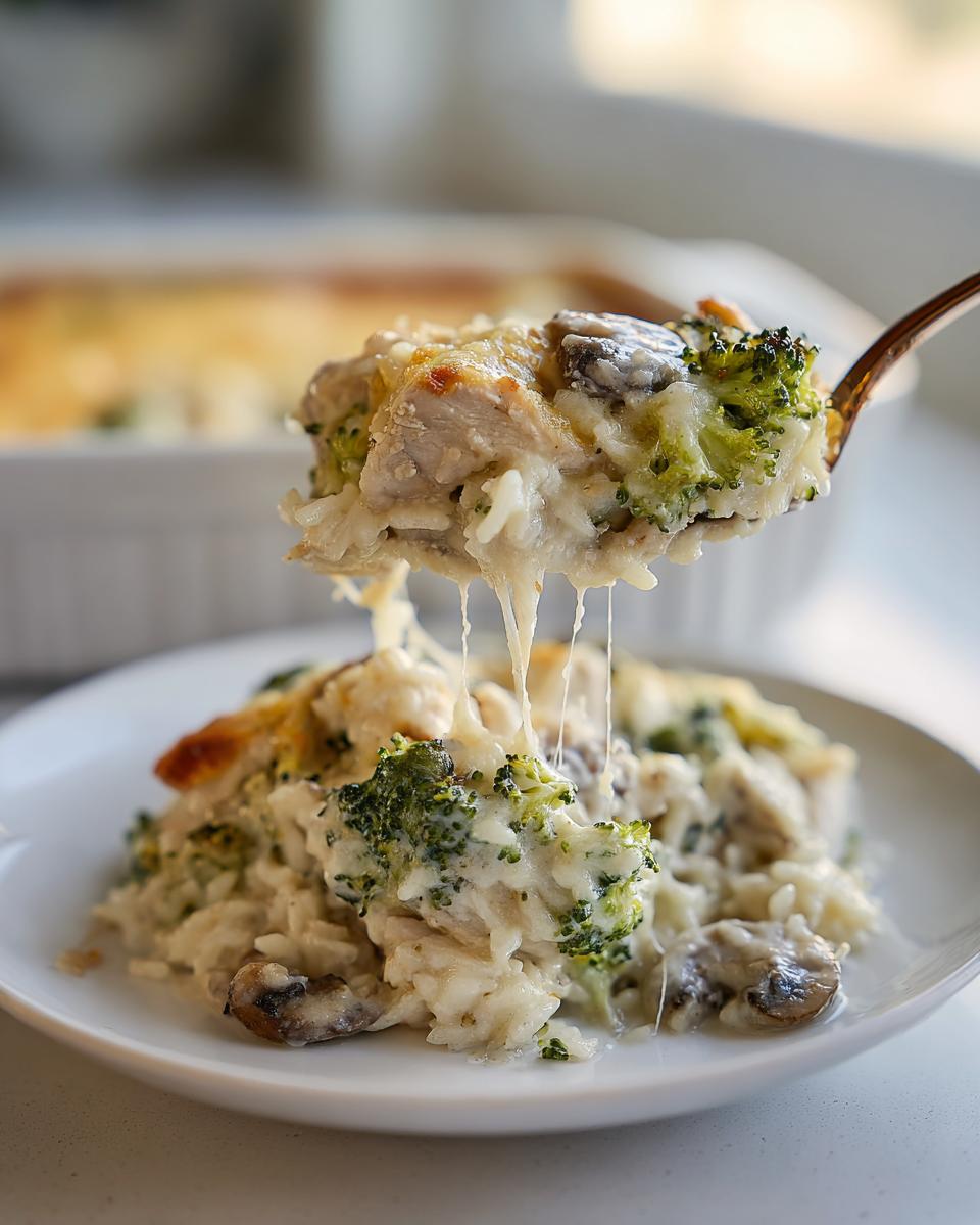 A spoonful of creamy chicken and broccoli rice casserole being lifted, showing melted cheese strings.