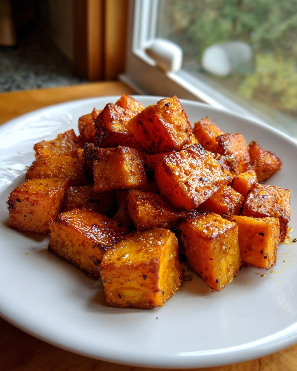 A close-up of perfectly caramelized roasted sweet potatoes cubes piled on a white plate.