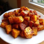Close-up of perfectly roasted sweet potatoes cubes seasoned with herbs on a white plate.