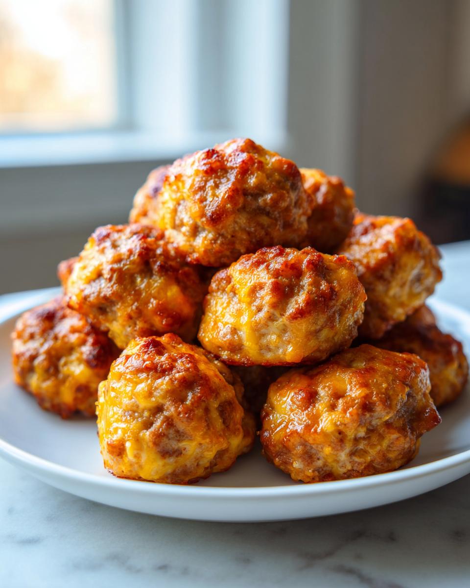A stack of golden brown, cheesy sausage balls piled high on a white plate.
