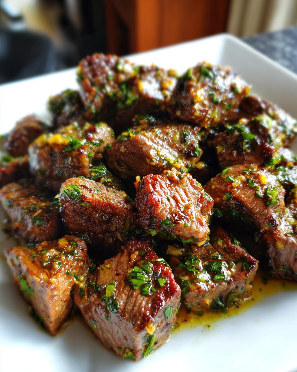 Close-up of perfectly seared, juicy steak bites coated in a garlic herb butter sauce.