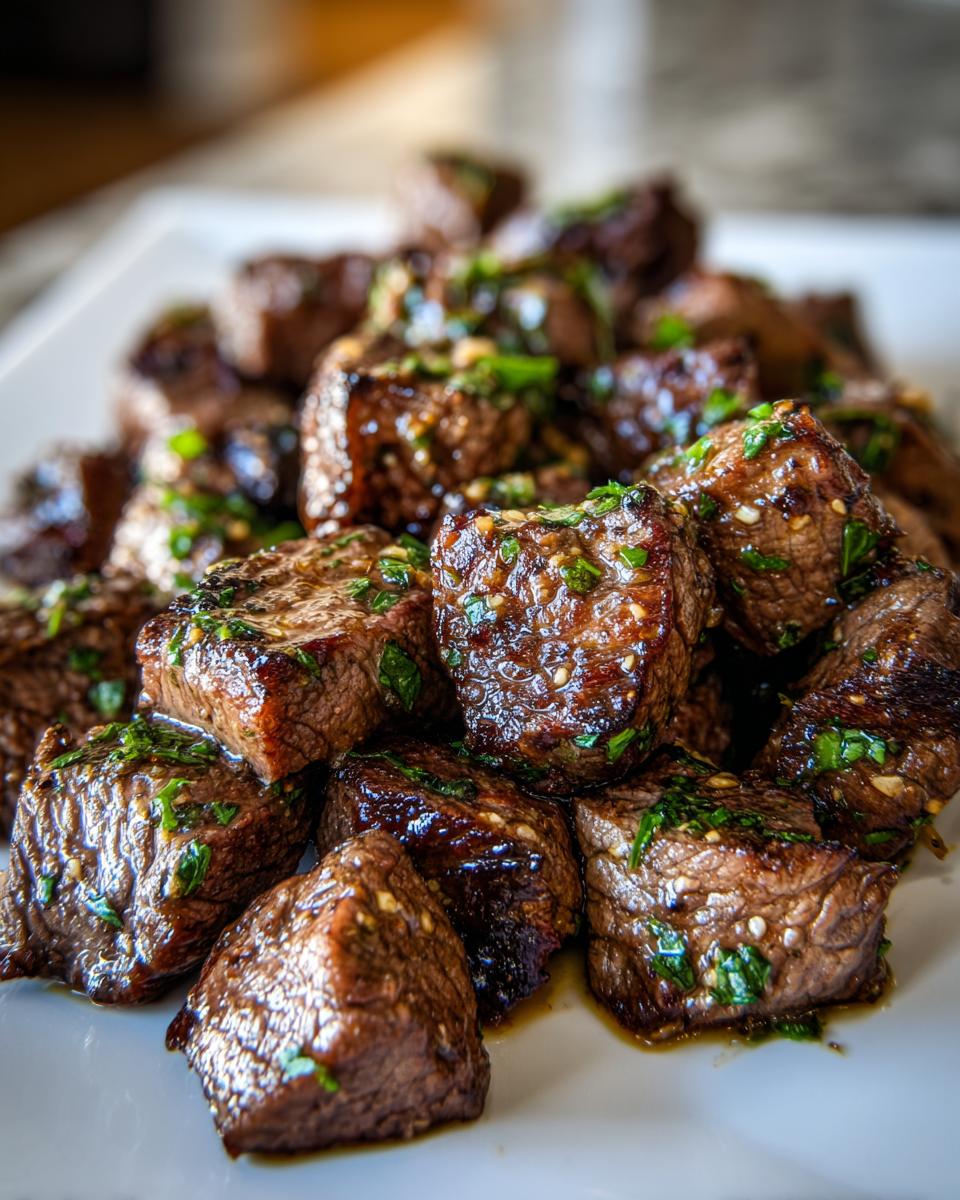 Close-up of perfectly cooked, glazed steak bites seasoned with garlic and fresh parsley.