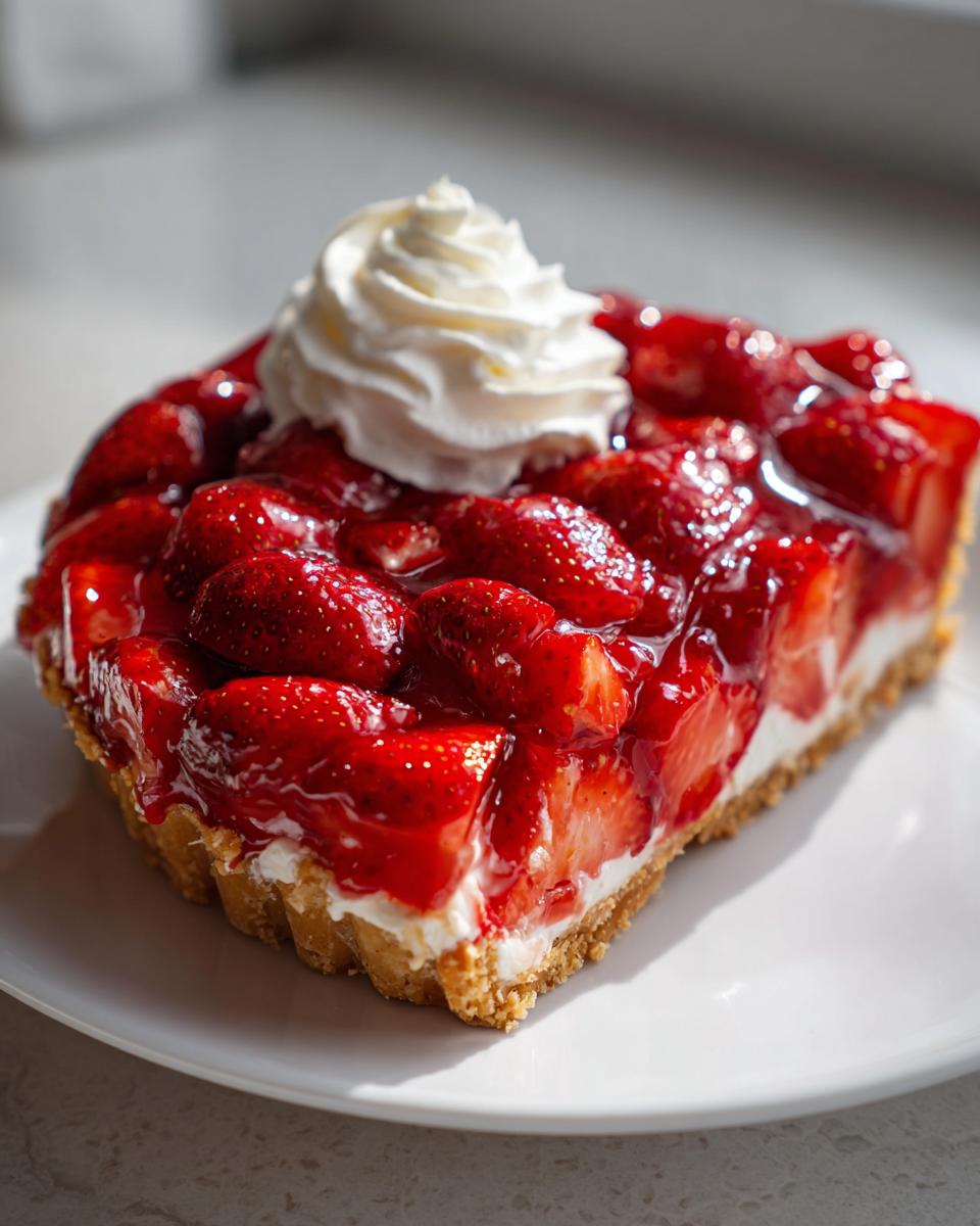 Close-up of a perfect slice of strawberry pie with a glossy glaze and a dollop of whipped cream on top.