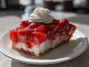 A thick slice of strawberry pie with a creamy white filling, topped with glazed strawberries and whipped cream.