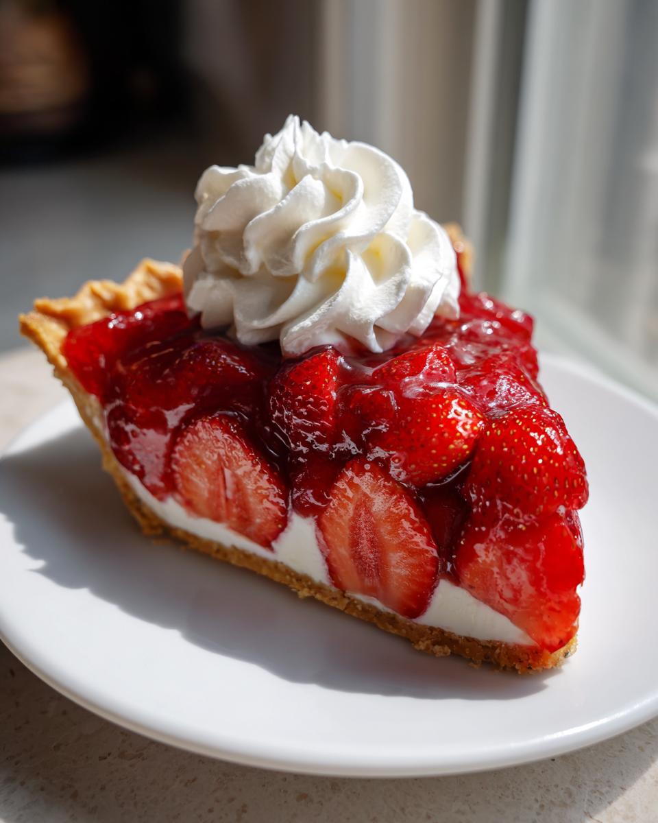 A delicious slice of strawberry pie topped with whipped cream, featuring fresh strawberries and a creamy layer.