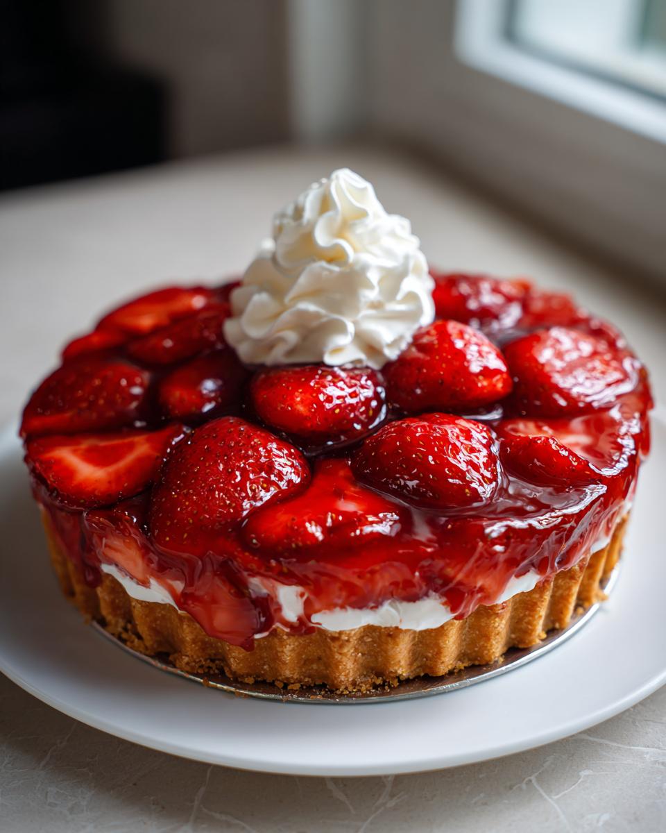Close-up of a glazed strawberry pie topped with a swirl of fresh whipped cream.