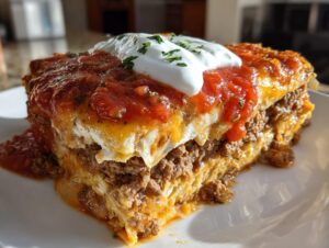 A thick, layered slice of amazing taco pie topped with salsa and sour cream.
