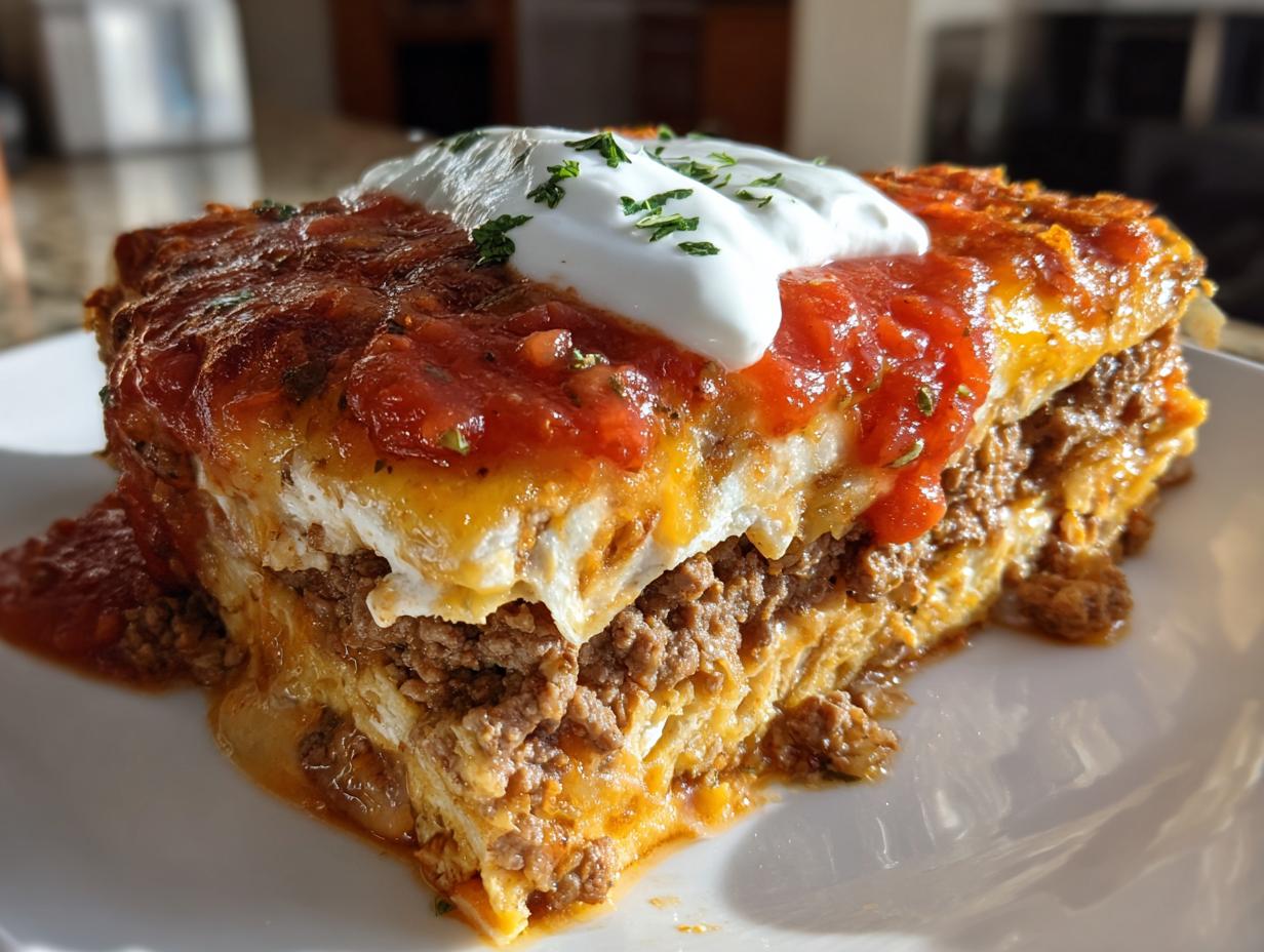 A thick, layered slice of amazing taco pie topped with salsa and sour cream.