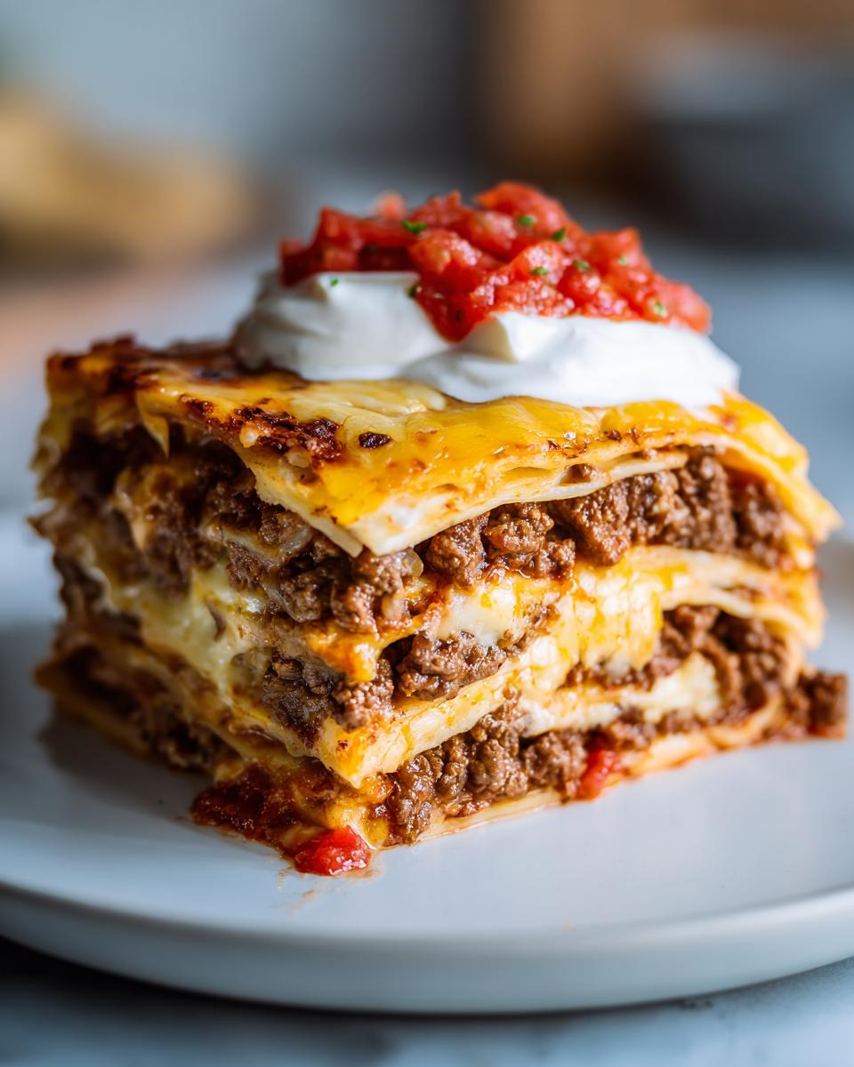 A layered slice of amazing taco pie featuring seasoned ground beef, cheese, and topped with sour cream and salsa.