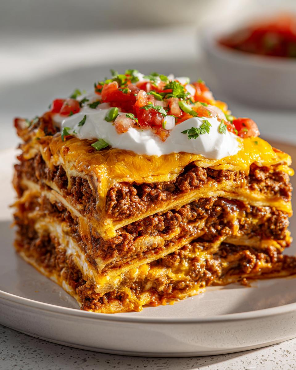 A tall, layered slice of taco pie featuring seasoned ground beef, melted cheese, sour cream, and pico de gallo.